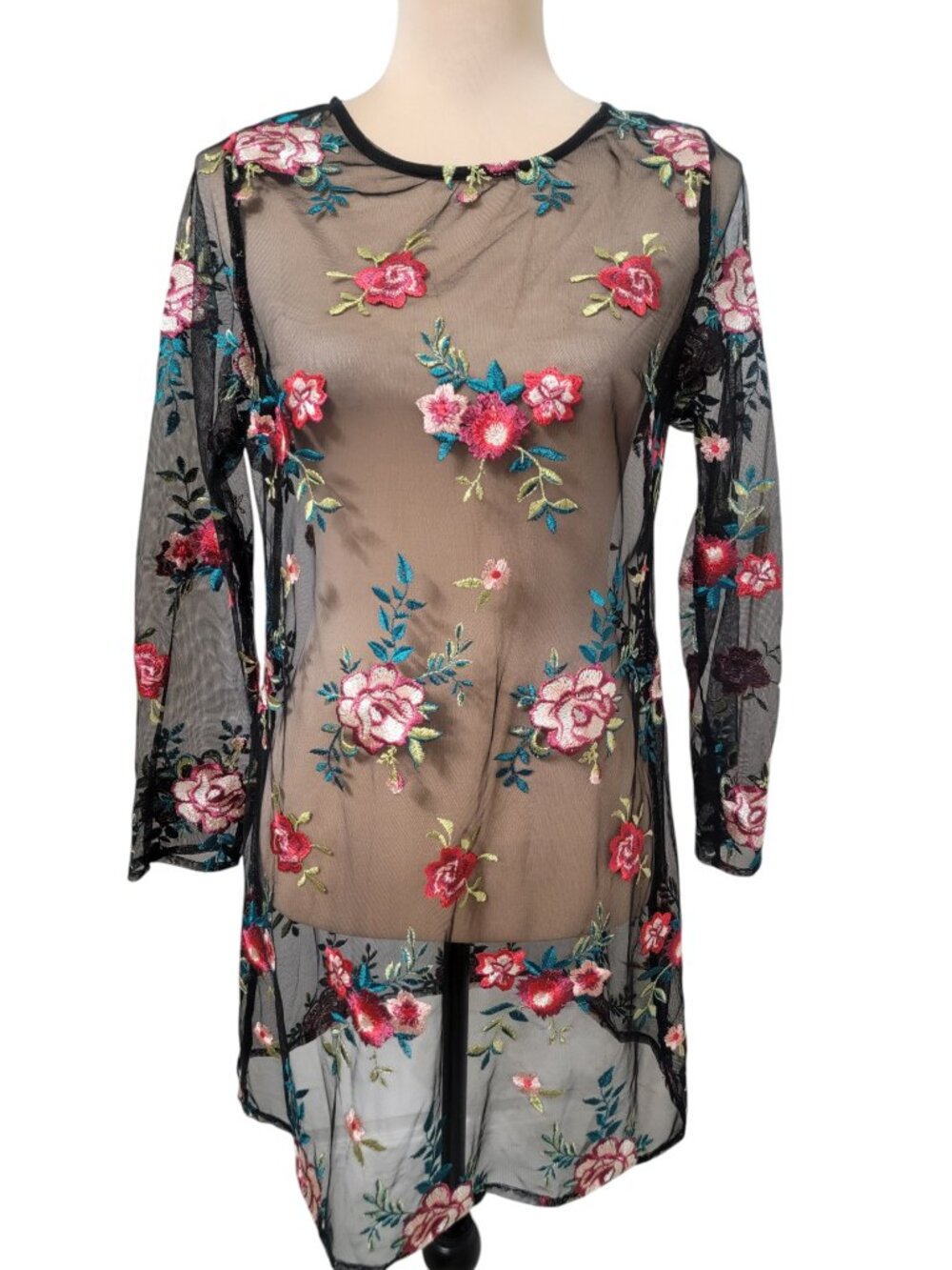 Xhilaration Size XS Black Sheer Mesh with Floral Embroidery Mini - Midi Dress